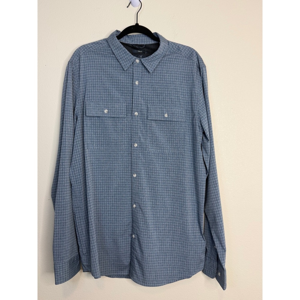 Prana Men's Blue Grid Long Sleeve Button Down Vented Hiking Shirt L Tall
